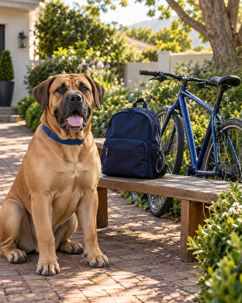 Boerboel beside a school backpack and bicycle.