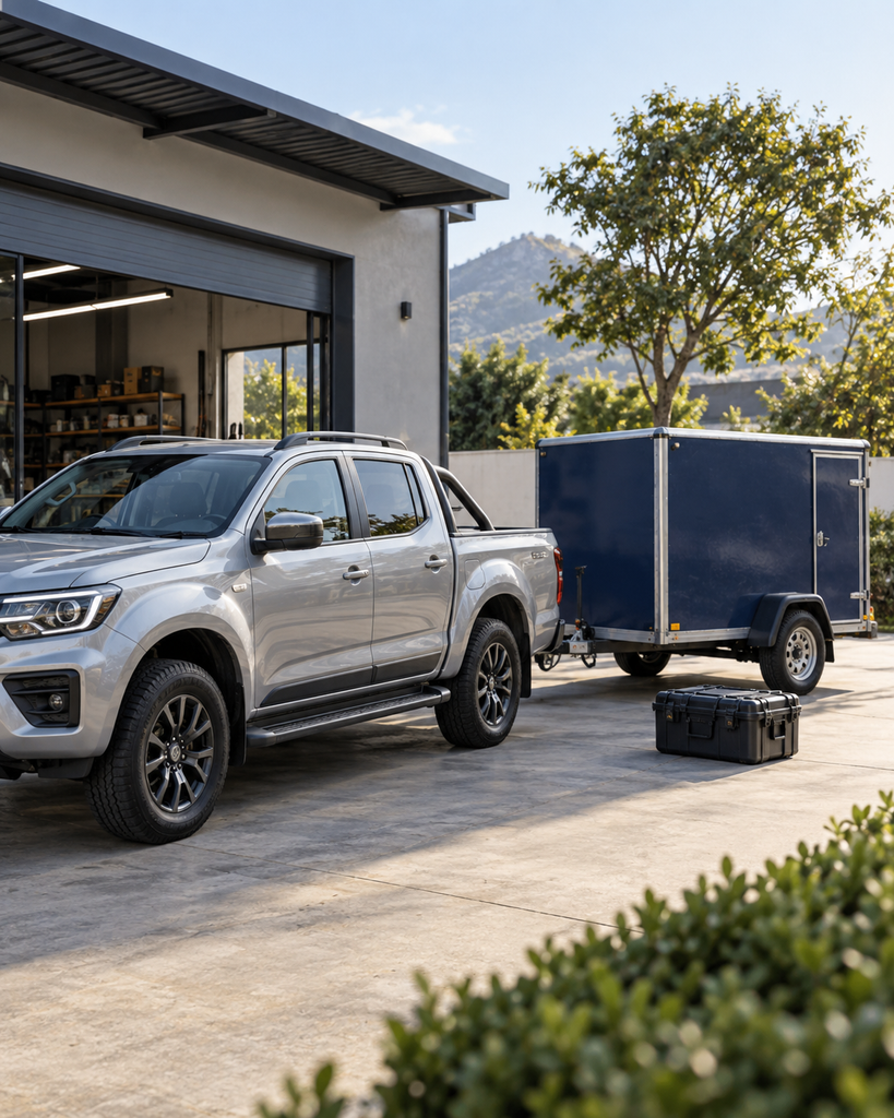Pickup towing a trailer beside an equipment case.